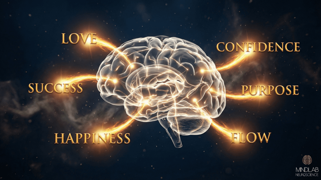Glowing brain illustration with golden energy radiating outward showing love, confidence, success, purpose, happiness, and flow from dopamine menu optimization.