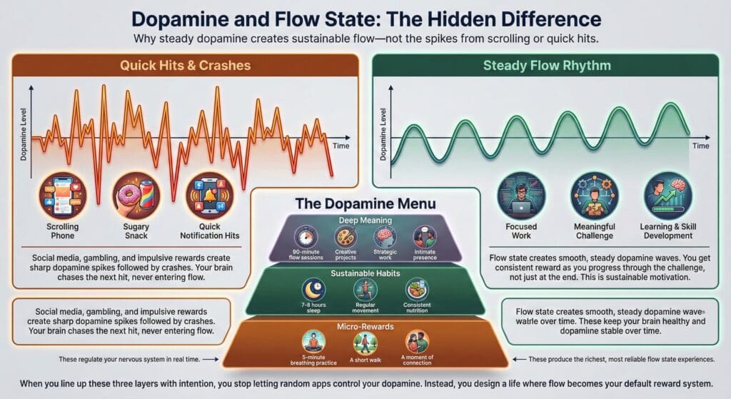 Dopamine comparison chart contrasting quick hits and crashes from social media with steady flow state rhythm, showing sustainable habits and micro-rewards supporting flow engagement.