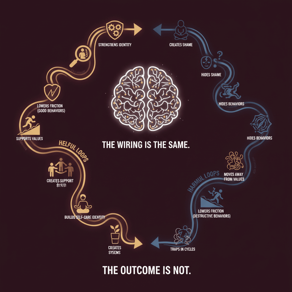 The duality of habit loops shows how identical neural wiring produces opposite outcomes: helpful loops versus harmful loops diverge.

