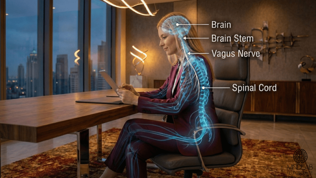 Businesswoman at a desk with a glowing blue digital overlay highlighting the brain and nervous system for EQ leadership.