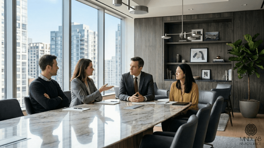 Corporate team meeting showing EQ leadership in action during a tense intra-office conflict discussion at a table.