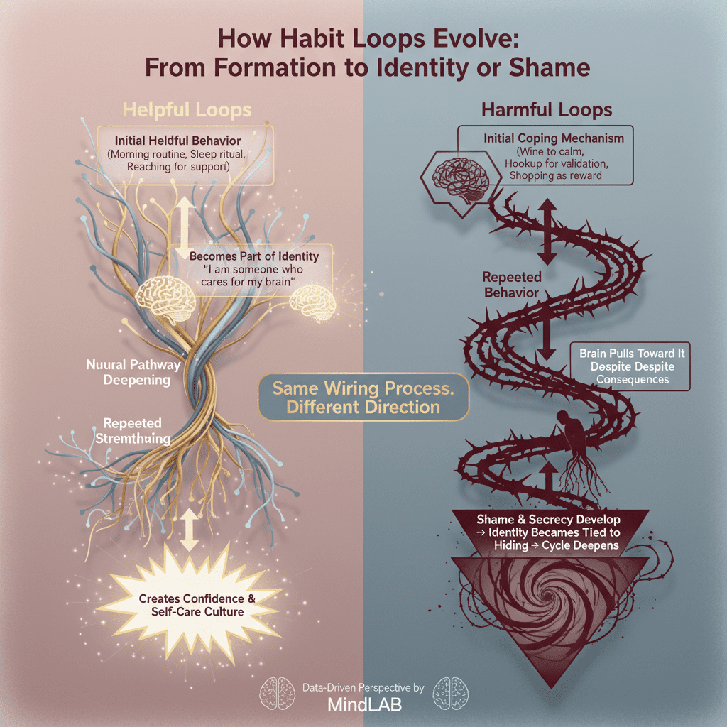This comparison illustrates how helpful habit loops evolve towards identity and confidence, while harmful loops spiral into shame and secrecy.