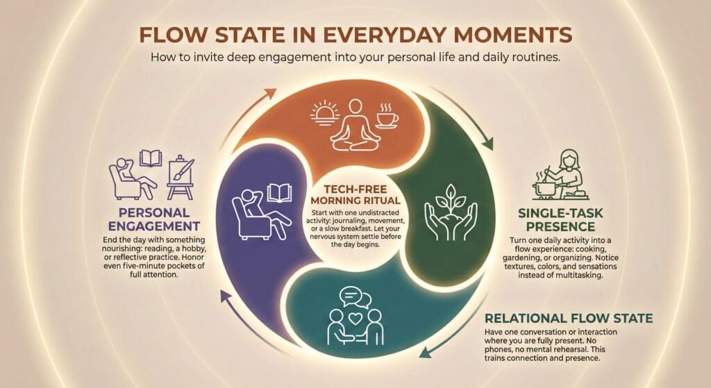 Circular flow state diagram showing four everyday practices: tech-free morning ritual, single-task presence, relational flow state, and personal engagement activities throughout the day.