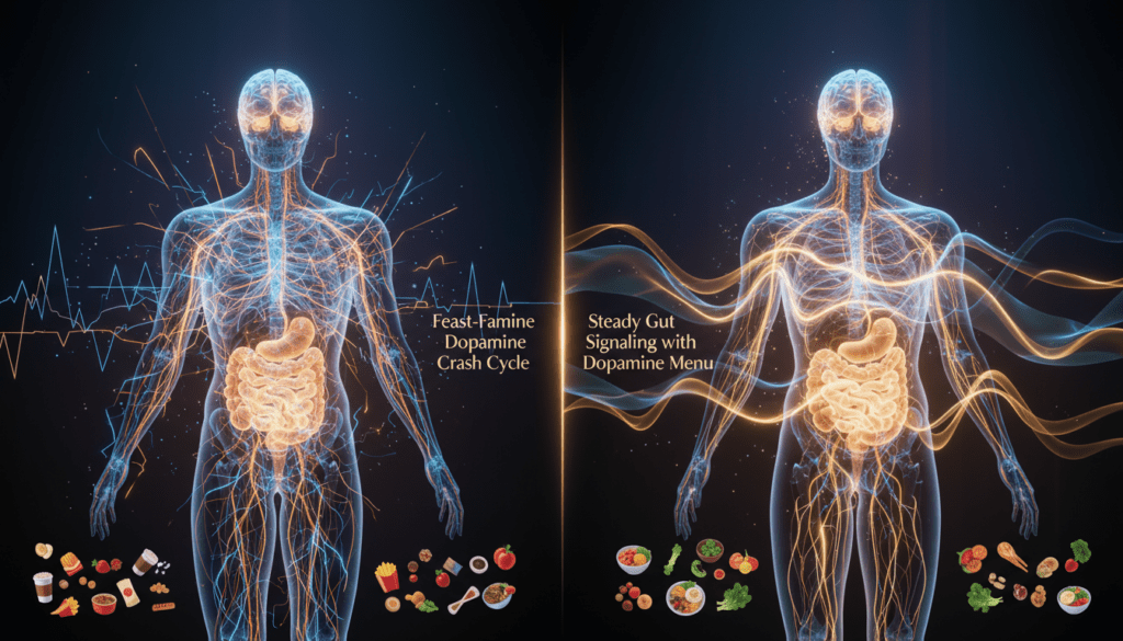 Before and after comparison of feast-famine dopamine crash cycles versus steady dopamine signaling from balanced gut-brain axis with healthy nutrition menu.