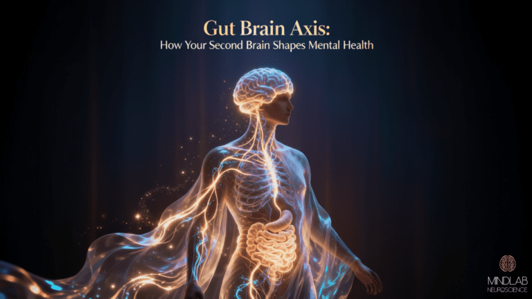 Luminous gut brain axis visualization showing bidirectional neural pathways connecting the brain and digestive system with glowing golden energy filaments throughout the body.