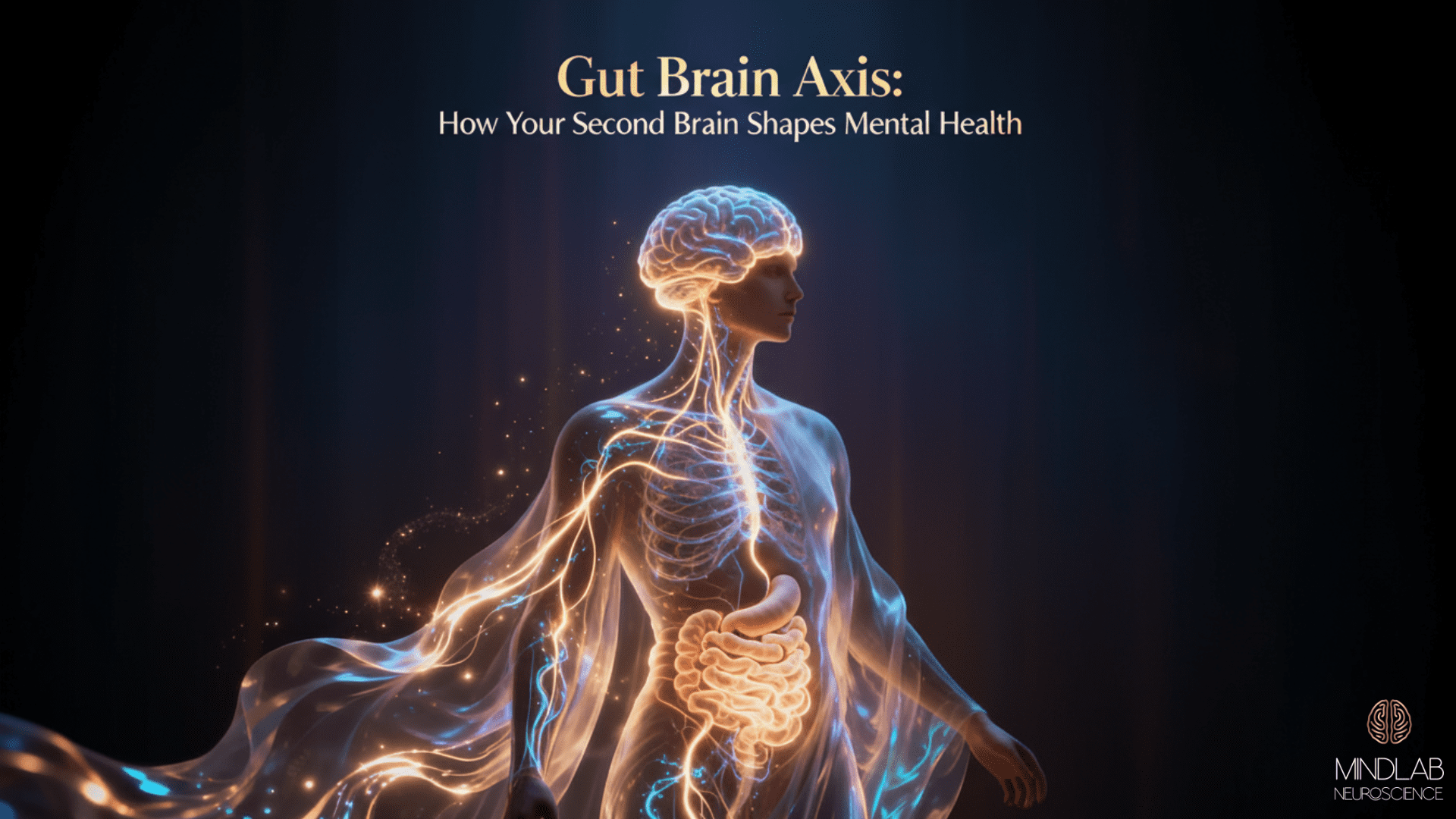 Luminous gut brain axis visualization showing bidirectional neural pathways connecting the brain and digestive system with glowing golden energy filaments throughout the body.