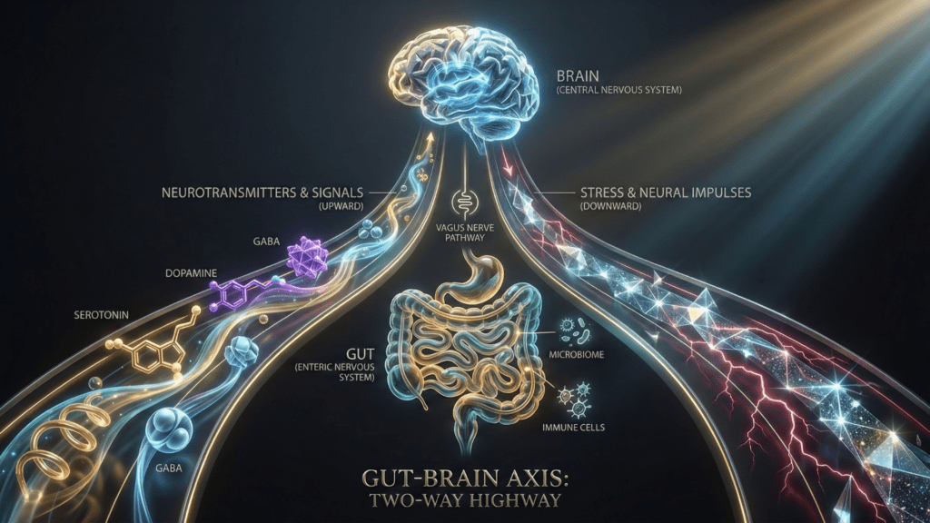 Detailed infographic of the gut-brain axis two-way highway showing bidirectional communication between brain and gut through the vagus nerve pathway with neurotransmitters.