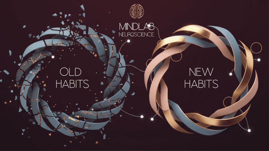 Visual representation of breaking old habit loops and building new ones showing neural transformation with MindLAB Neuroscience branding.