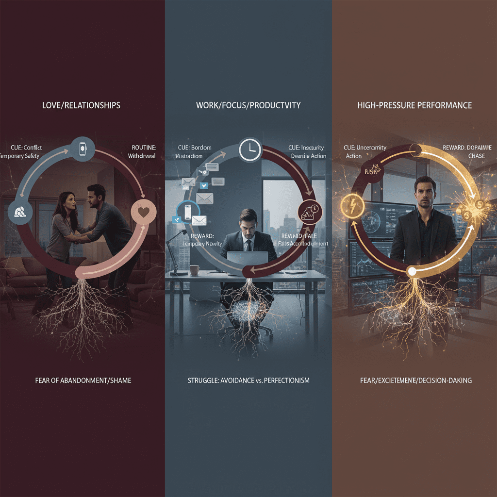 Habit loops manifest across three life domains: love showing fear of abandonment, work displaying avoidance versus perfectionism, and performance.