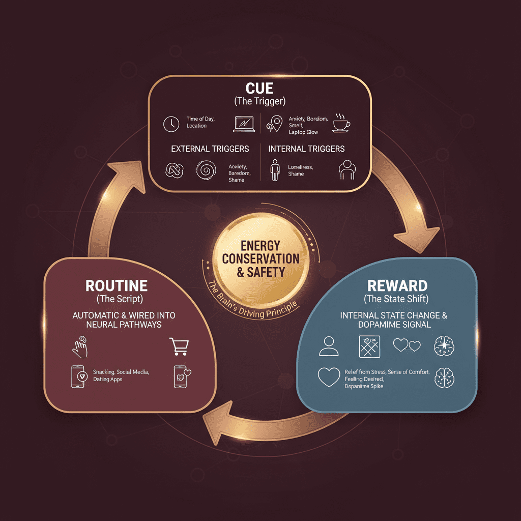 Habit loops infographic showing the three-part cycle of cue triggers, routine behavior, and reward state shift with examples.