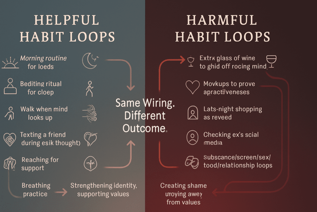 The infographic provides a comparison between beneficial habit loops, such as morning routines, and harmful ones, such as drinking and late-night shopping.
