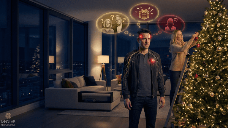 Man experiencing holiday burnout stress with wife decorating Christmas tree in luxury apartment setting.