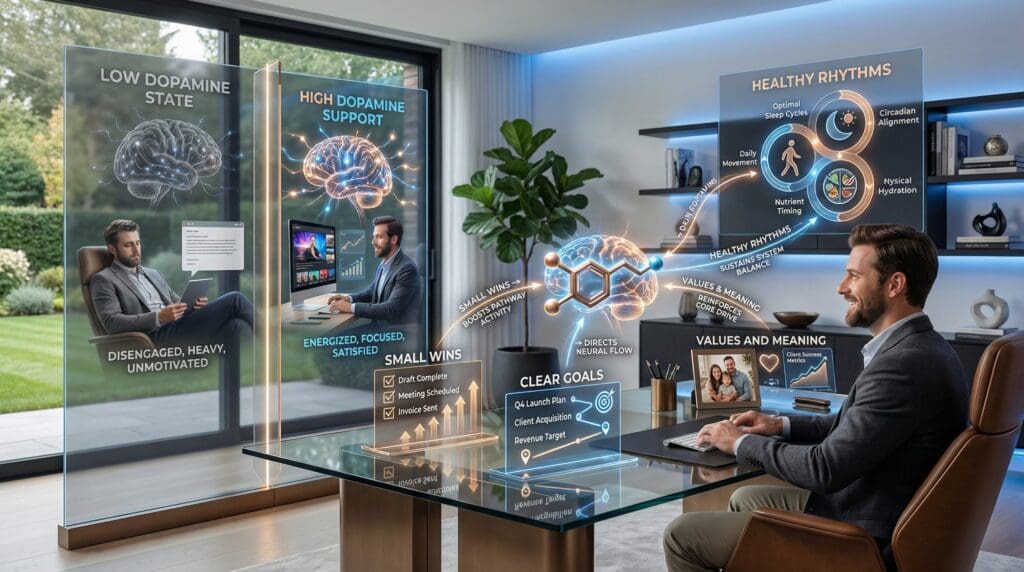 Luxury office infographic showing high dopamine support brain state with active neural pathways and engagement signals.