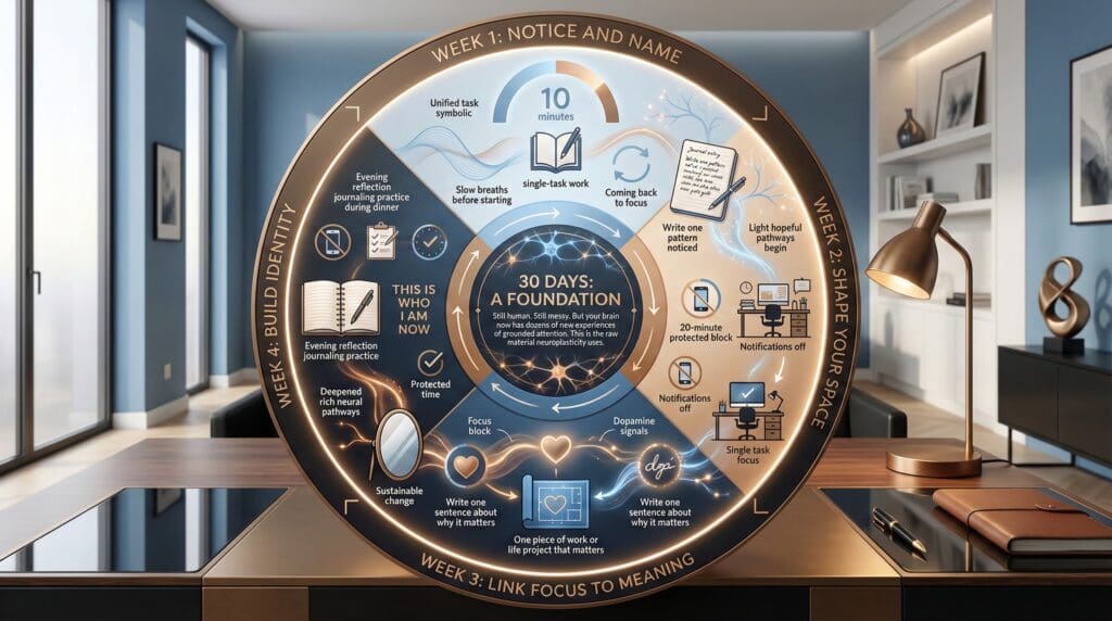 This is a circular 30-day infographic that shows weekly progression from noticing attention patterns through building focus identification.