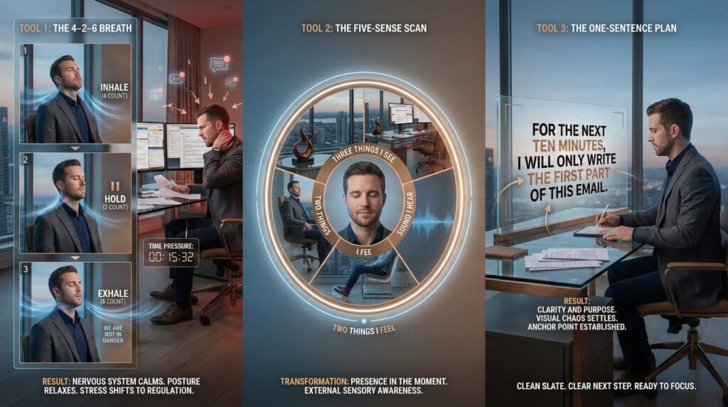 Professional demonstrates the 4-2-6 breath, five-sense scan, and one-sentence plan grounding techniques to reset attention.