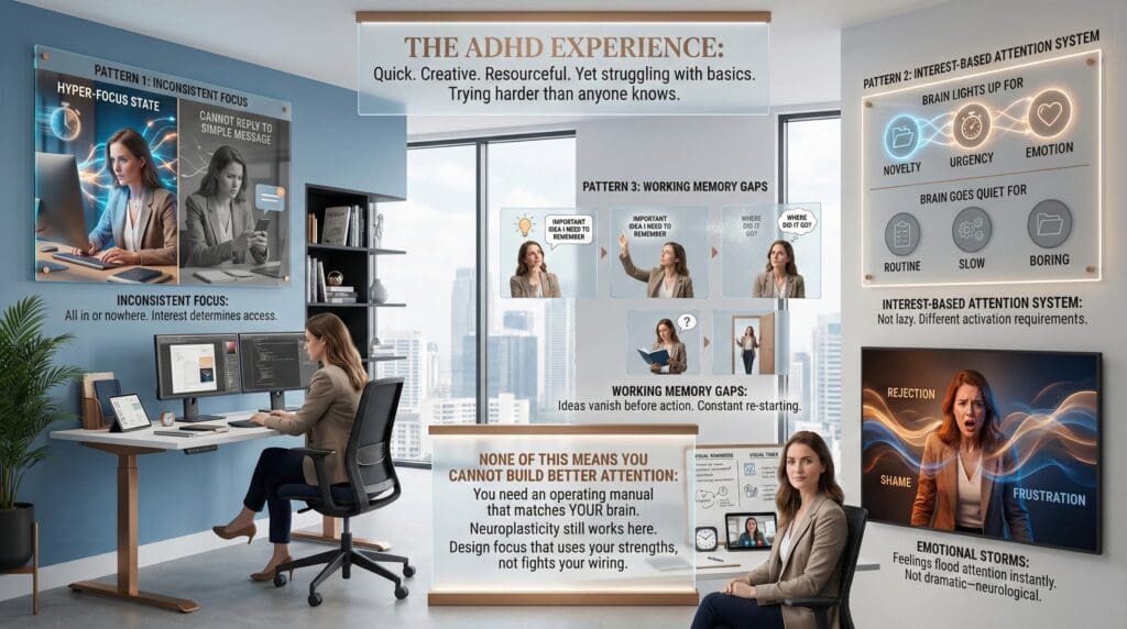 ADHD attention patterns including inconsistent focus, interest-based activation, working memory gaps, and emotional intensity.