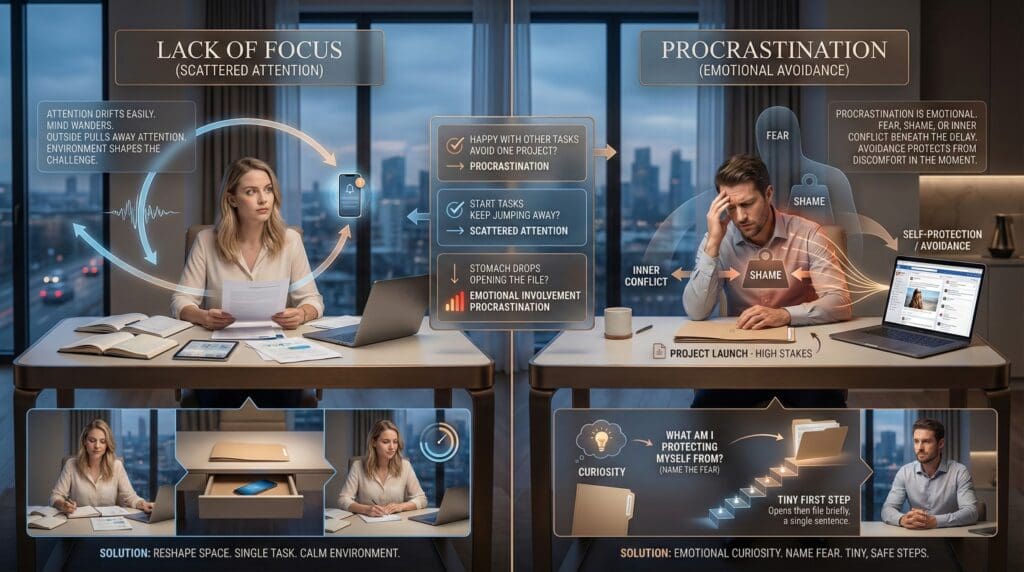 A side-by-side comparison of scattered attention versus procrastination reveals distinct how to focus techniques.
