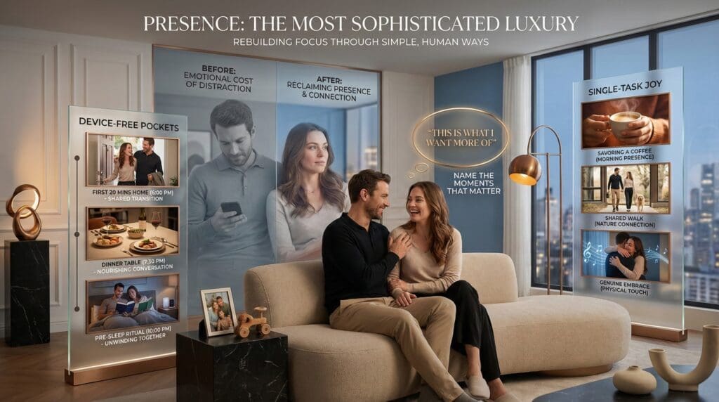 Luxury home scene showing couples practicing presence through device-free moments, single-task joy, and named connections.