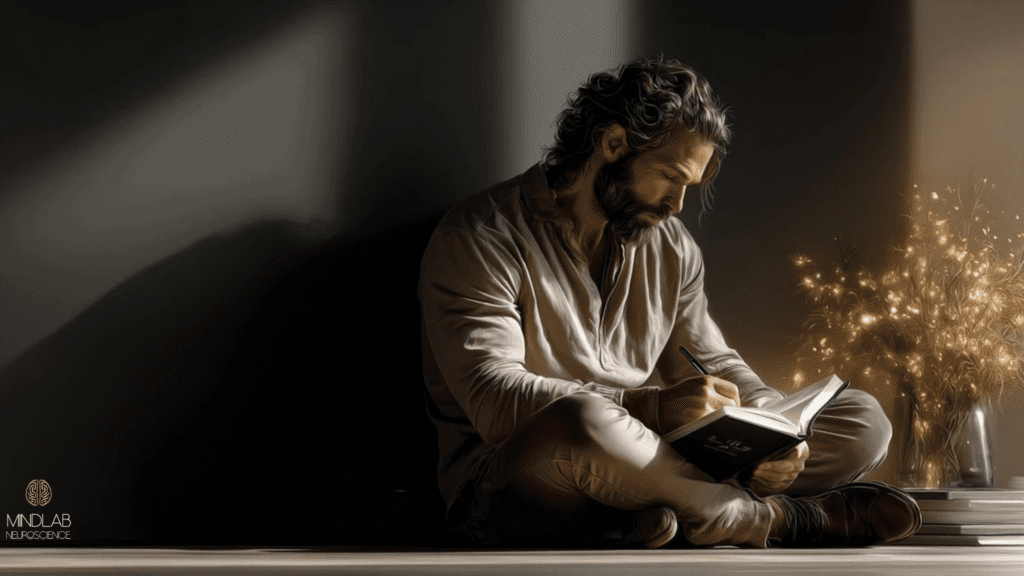 Man sitting on the floor journaling in warm light, symbolizing emotional integration in How to Remember to Forget: The Neuroscience of Forgiveness.