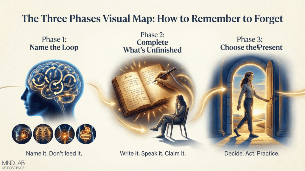 Infographic illustrating the three phases of How to Remember to Forget: The Neuroscience of Forgiveness with brain, journal, and doorway visuals for nervous system healing.