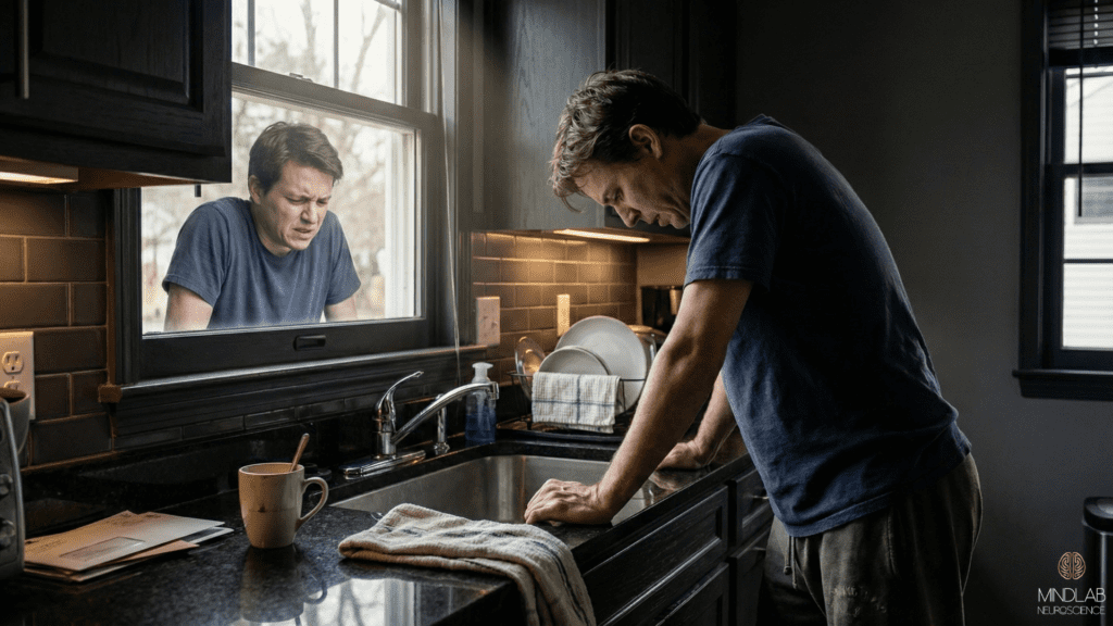 Man leaning over a kitchen sink while his reflection appears outside the window, symbolizing inner conflict in How to Remember to Forget: The Neuroscience of Forgiveness.