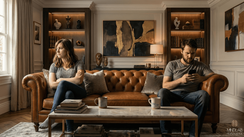 Distant couple on a leather sofa, phones and body language showing disconnection, illustrating relationship tension in How to Remember to Forget: The Neuroscience of Forgiveness.