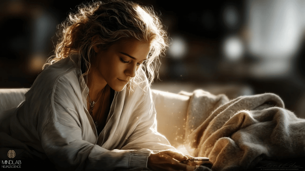 Woman in a hoodie standing by a window, overlaid with glowing neural network lights, illustrating How to Remember to Forget: The Neuroscience of Forgiveness.