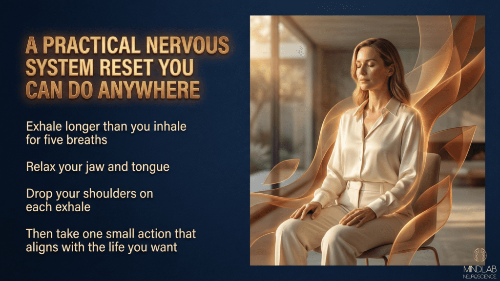 Learn how to rewire your brain with practical nervous system reset - female professional in calm parasympathetic state with flowing geometric shapes and golden illumination.