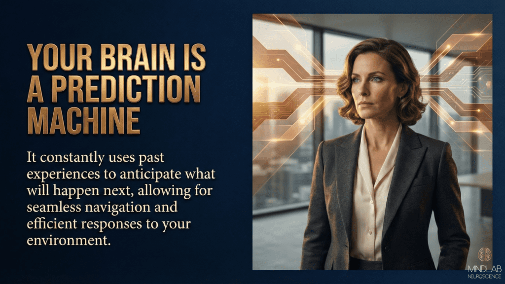 How to rewire your brain as a prediction machine - female executive with dimensional probability pathways and golden prediction visualization showing anticipated outcomes.