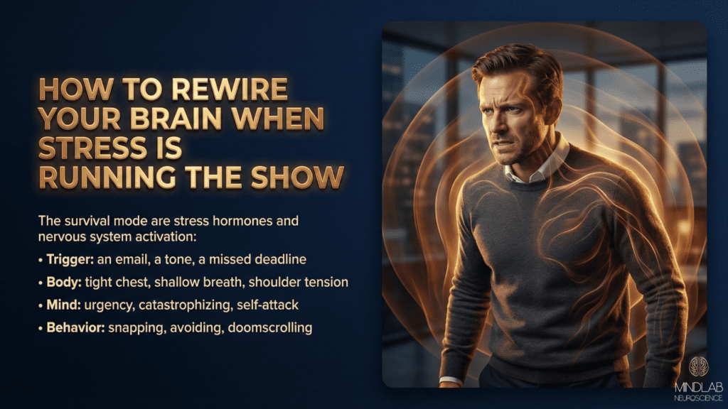 How to rewire your brain when stressed - male professional showing survival mode activation with radiating stress waves and nervous system hijack visualization with cognac illumination.