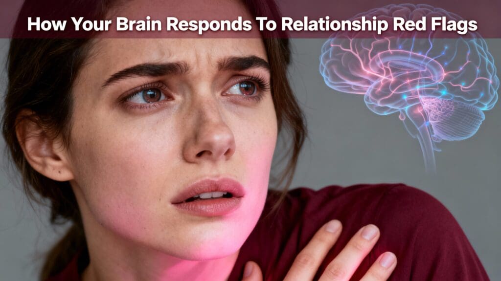 Woman's face showing internal struggle recognizing relationship red flags with hand on chest and nervous system activation visible