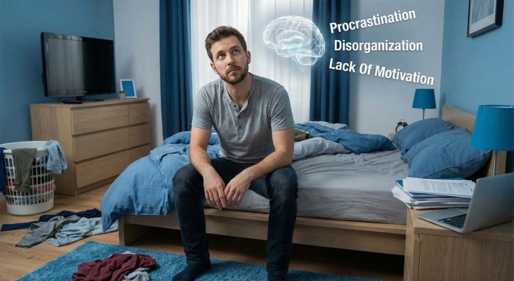 The man is struggling with procrastination, disorganization, and a lack of motivation, which represent deeper habit loops tied to his identity and feelings of shame.