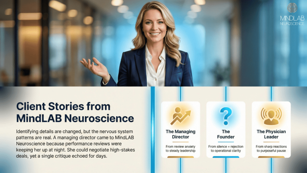 Confident professional blonde woman showing transformation with three client story cards displaying Rejection Sensitive Dysphoria recovery patterns.