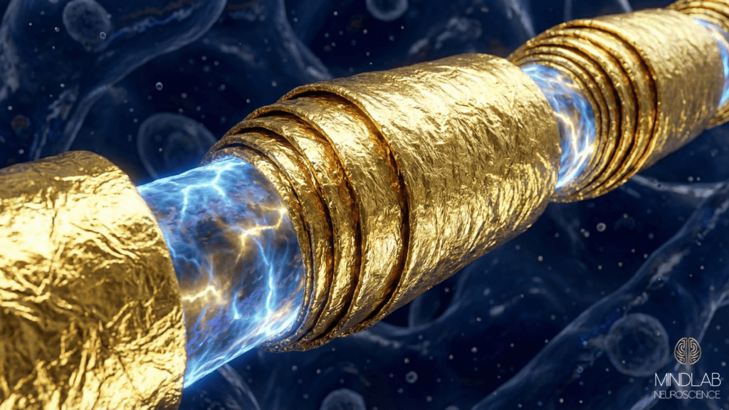 Microscopic view of nerve fiber being wrapped in gold myelin showing how dopamine anchoring strengthens neural paths.