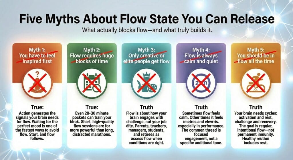 Five colorful myth-busting cards debunking common flow state misconceptions, showing that action triggers flow, short sessions work, and flow requires brain engagement, not just job titles.