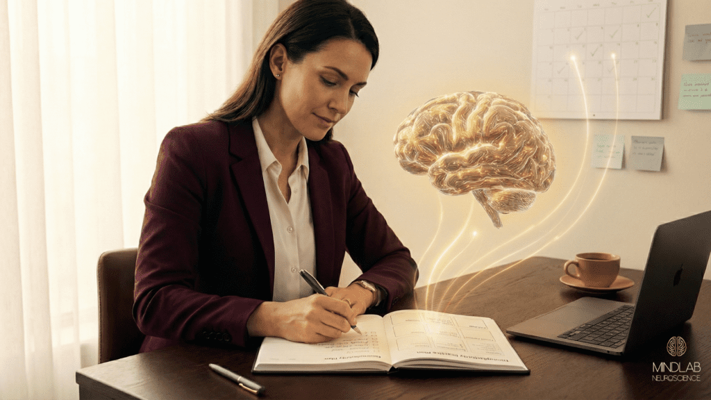 Professional woman writing in a planner as a glowing brain hovers nearby, symbolizing how intentional routines and neuroplasticity exercises build new neural pathways.