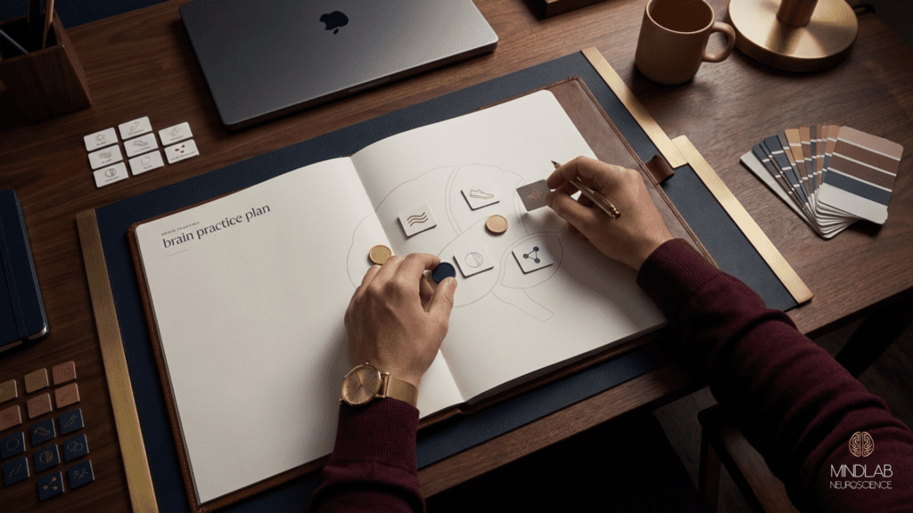 Open planner labeled “brain practice plan” on an elegant desk, as a person places icons onto a sketched brain, illustrating how neuroplasticity exercises build a clear path toward success.
