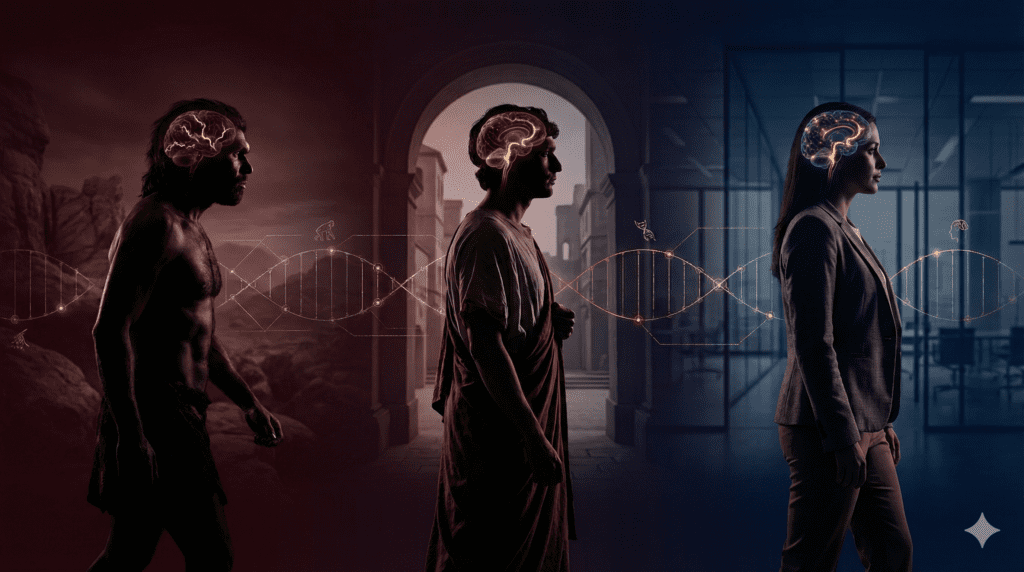 Three figures from caveman to modern professional walk in sequence, each with a glowing brain, illustrating how evolution sets the stage but neuroplasticity exercises drive personal change.