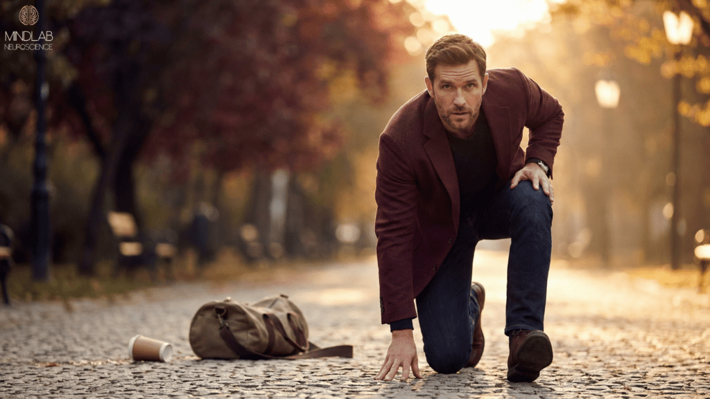 Man in a blazer kneels on a cobblestone path after stumbling, with his bag and coffee on the ground, symbolizing setbacks that neuroplasticity exercises can help recover from.