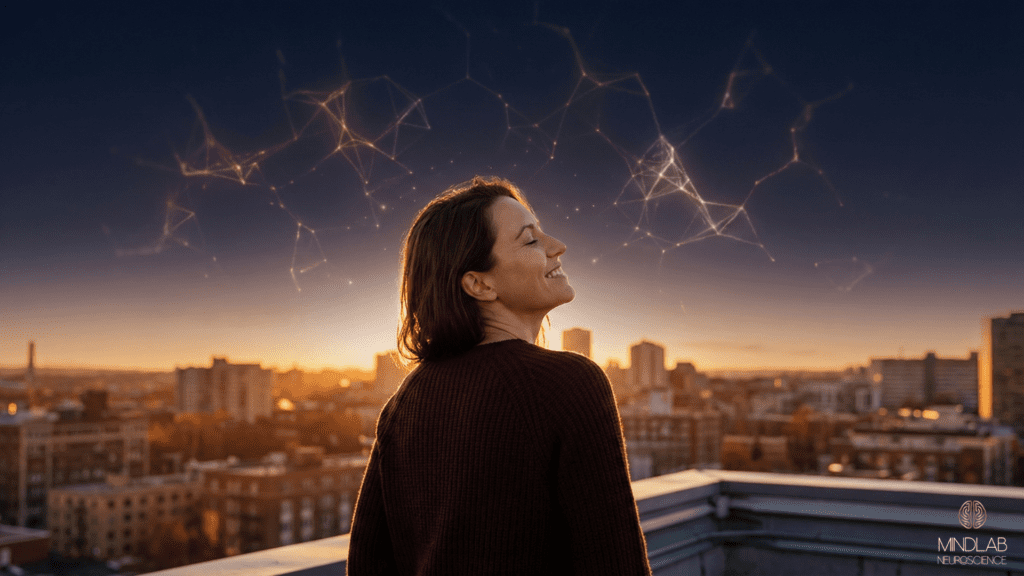 Woman stands on a rooftop at sunset, gazing at a glowing neural network in the sky, symbolizing how neuroplasticity exercises can help rewire the brain toward happiness and hope.