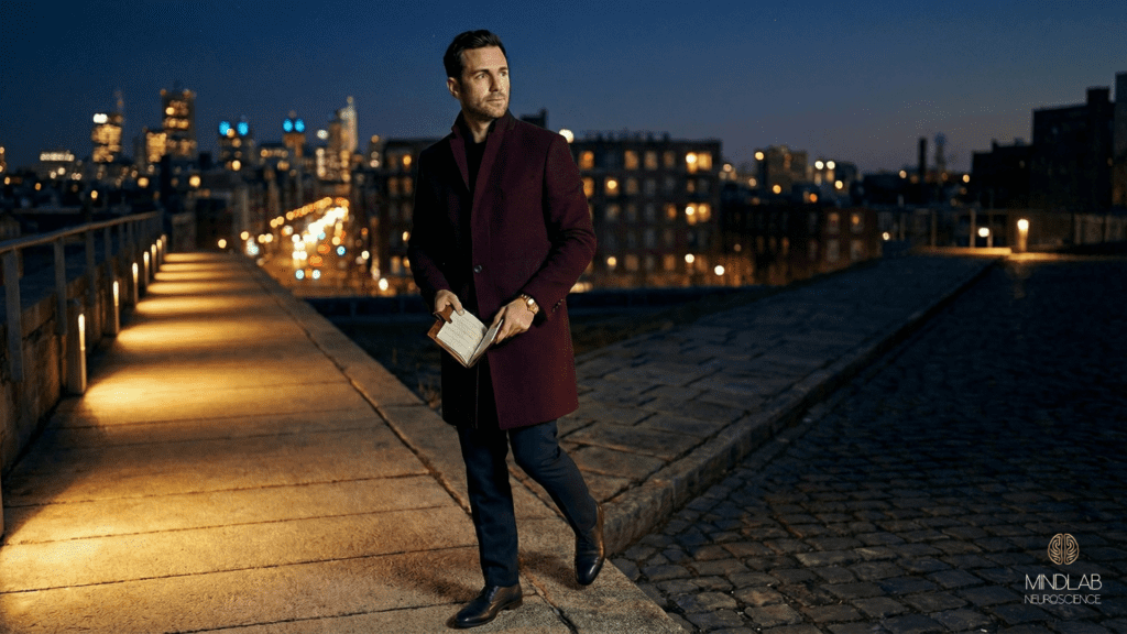 Man in a tailored coat stands at a nighttime crossroads, holding an open notebook as a lit pathway stretches ahead, symbolizing choosing a new direction through neuroplasticity exercises.