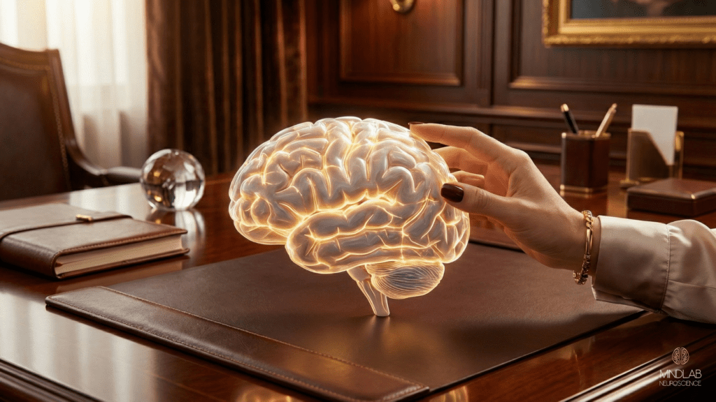 A hand gently touching a glowing 3D brain model on a sophisticated wooden desk, symbolizing high-end coaching using neuroplasticity exercises.