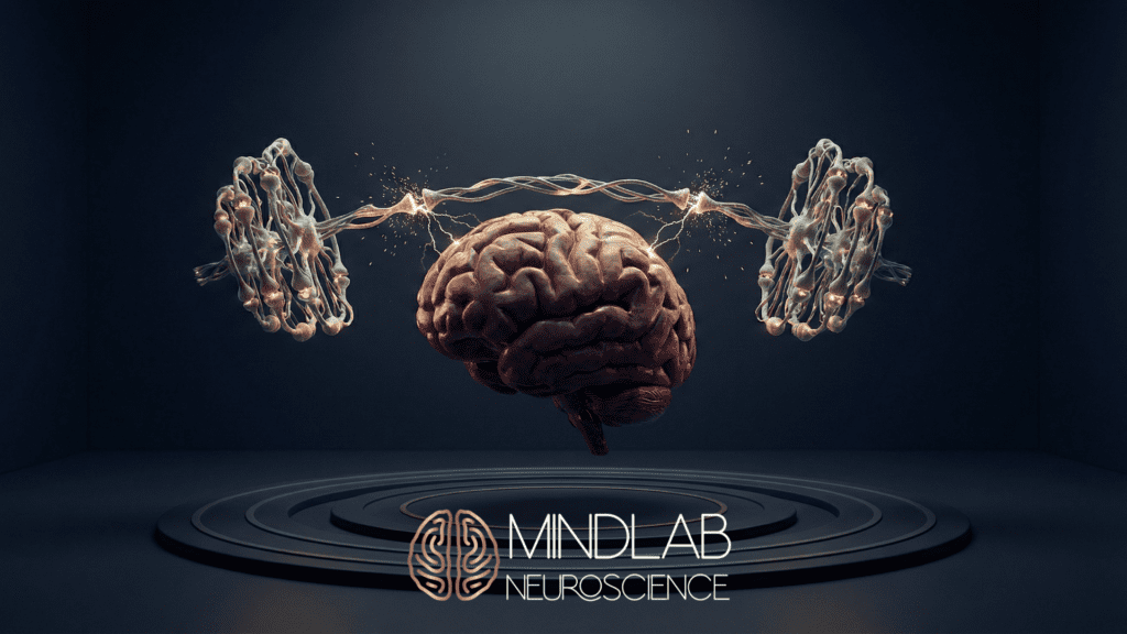 Glowing neural clusters fire electrical energy into a floating 3D brain above concentric rings, symbolizing MindLAB Neuroscience’s precision approach to neuroplasticity exercises.