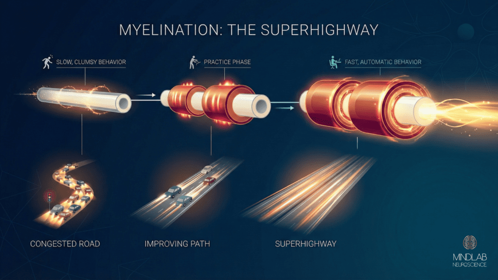Illustration of myelination as a neural superhighway, showing how repeated practice turns slow neural signals into fast, efficient pathways via neuroplasticity exercises.
