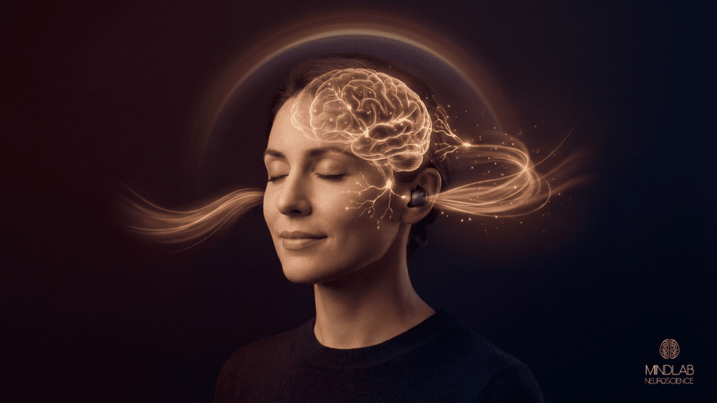 Glowing brain illustration over a person wearing an earpiece, symbolizing how guidance from a neuroscience coach can make neuroplasticity exercises more targeted and effective.