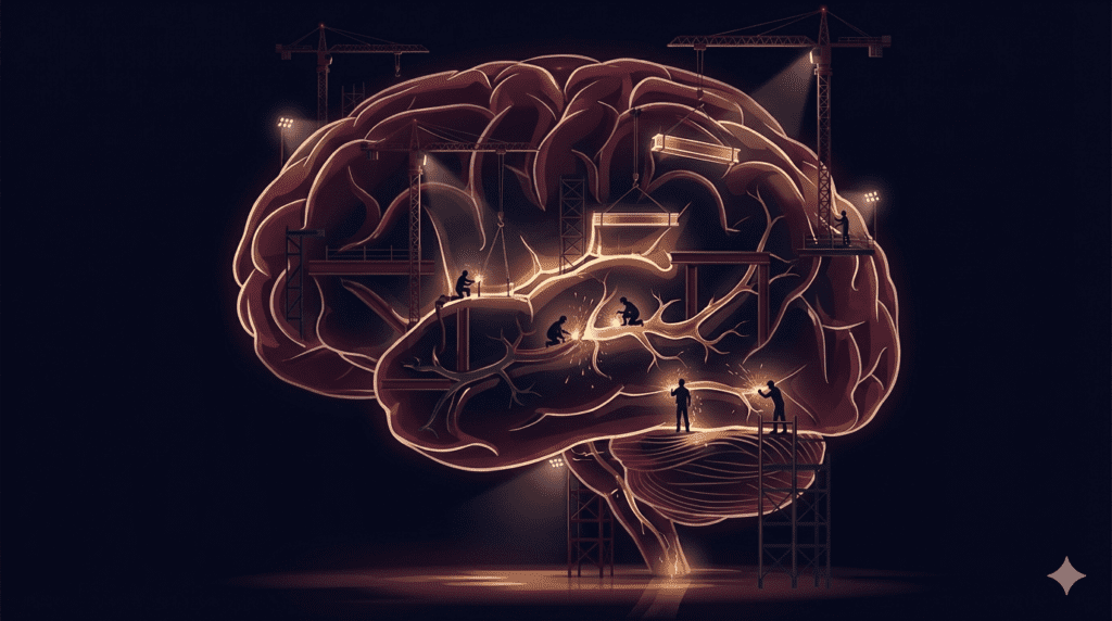 Glowing illustration of a brain under construction, with tiny workers and cranes reinforcing pathways, symbolizing how neuroplasticity exercises actively rebuild the brain’s hardware.