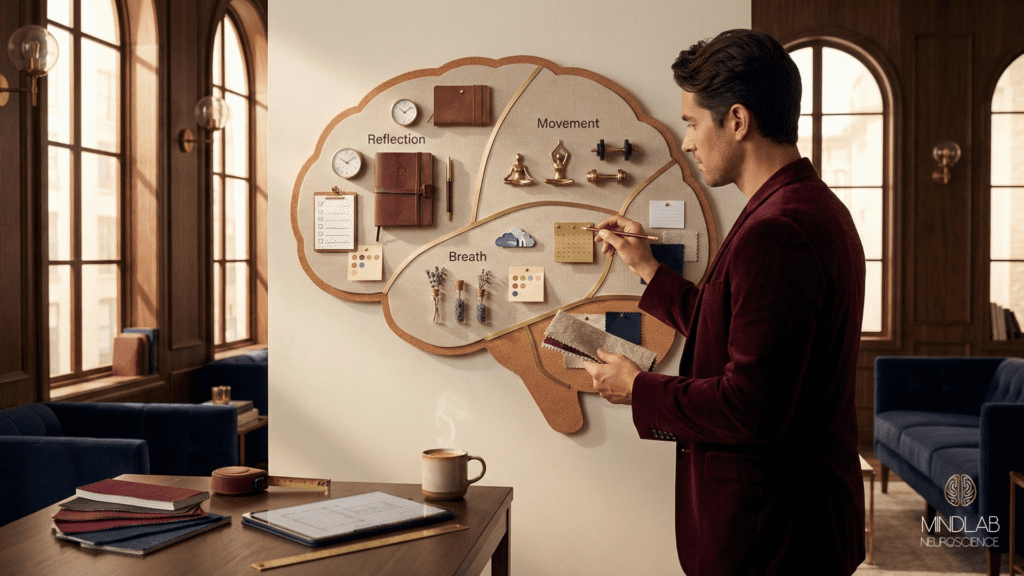 Man designing a brain-shaped planning board labeled reflection, movement, and breath, illustrating practical, lifestyle-based neuroplasticity exercises in a refined studio.