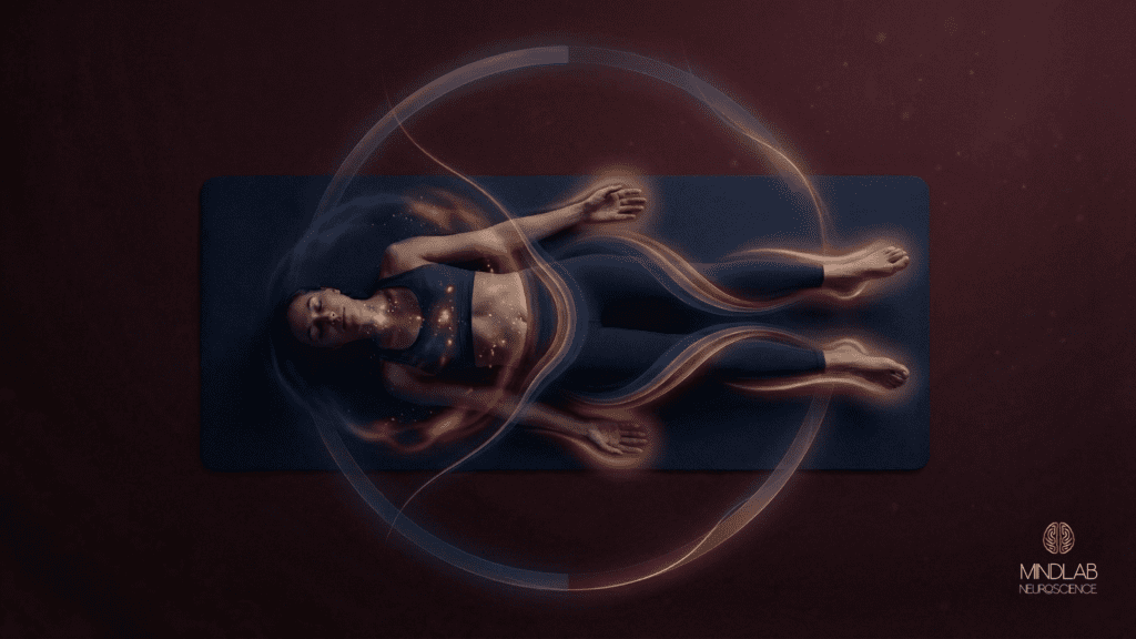 Woman lying in relaxed pose on a mat, surrounded by glowing energy lines, illustrating how state-shifting neuroplasticity exercises can calm the nervous system and reset brain patterns.