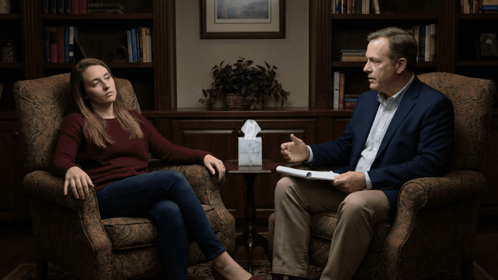 Therapist and client sit facing each other in a traditional office, symbolizing talk-heavy sessions contrasted with more active, brain-based neuroplasticity exercises.
