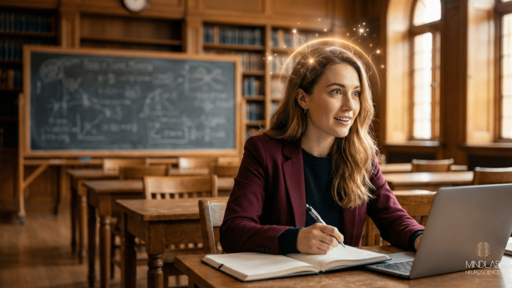 Woman working on a laptop in a classic library-style room, glowing sparks around her head symbolizing focus, learning, and brain change through neuroplasticity exercises.